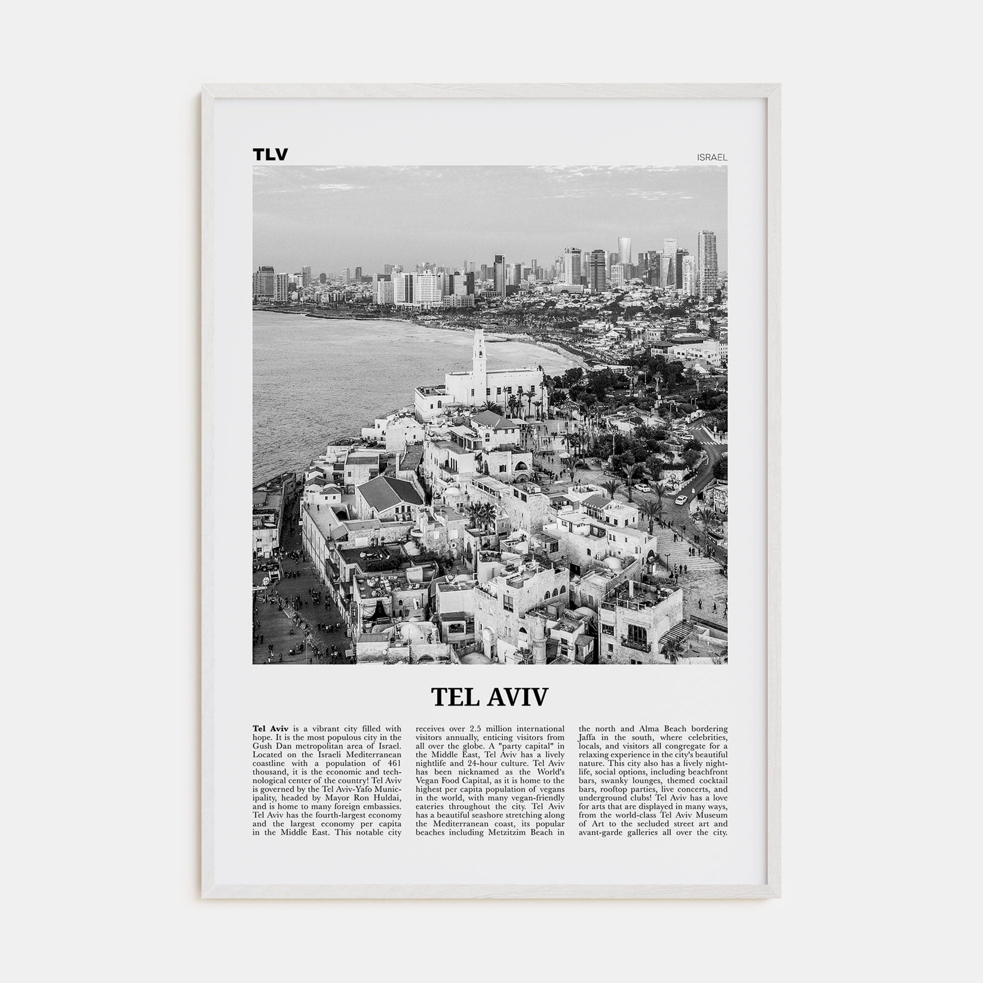 Tel Aviv No 2 Poster White Wood / 8x12 in Nbourhood Travel B&W Poster