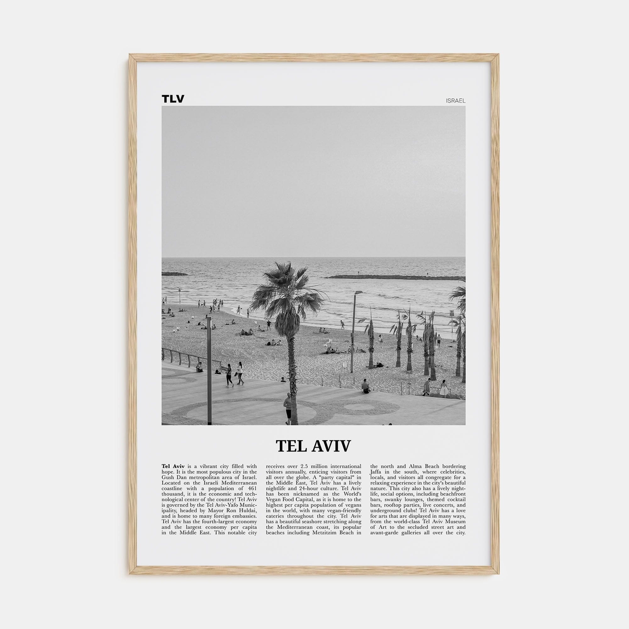 Tel Aviv No 3 Poster Natural Wood / 8x12 in Nbourhood Travel B&W Poster