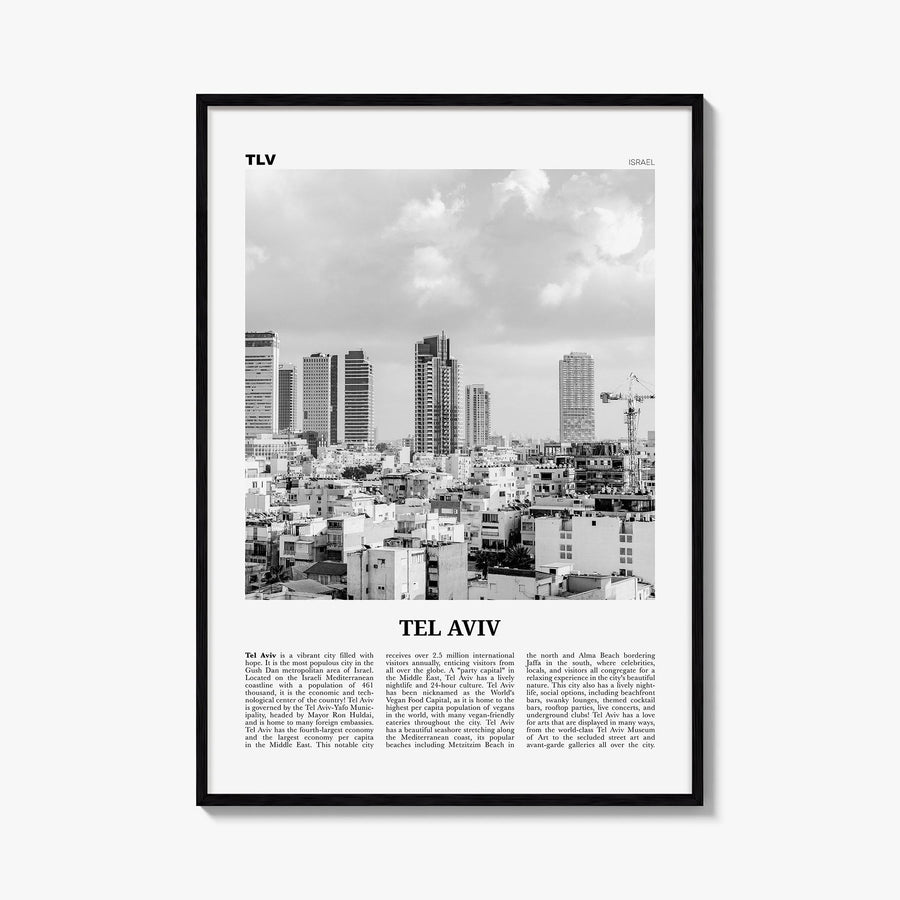 Tel Aviv no. 4 black & white newspaper poster of Israel – vertical wall art, unframed print shown in interior mockup