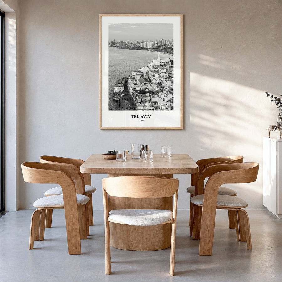 Tel Aviv Classic No 3 Poster in a natural wood frame, hanging in a dining room