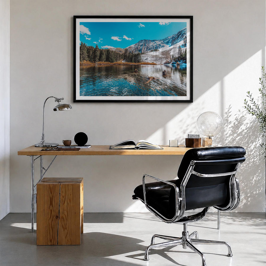 Telluride colorful photo poster of Colorado, USA – horizontal wall art in black wood frame with white border, hanging on wall