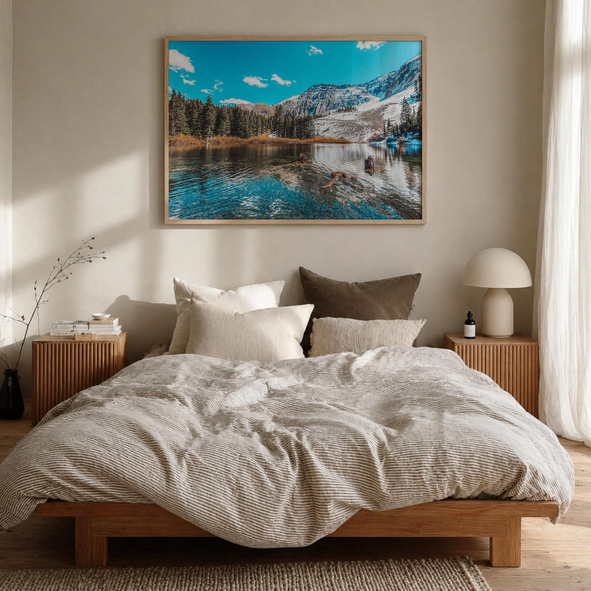 Telluride colorful photo poster of Colorado, USA – horizontal wall art in natural wood frame, hanging on wall