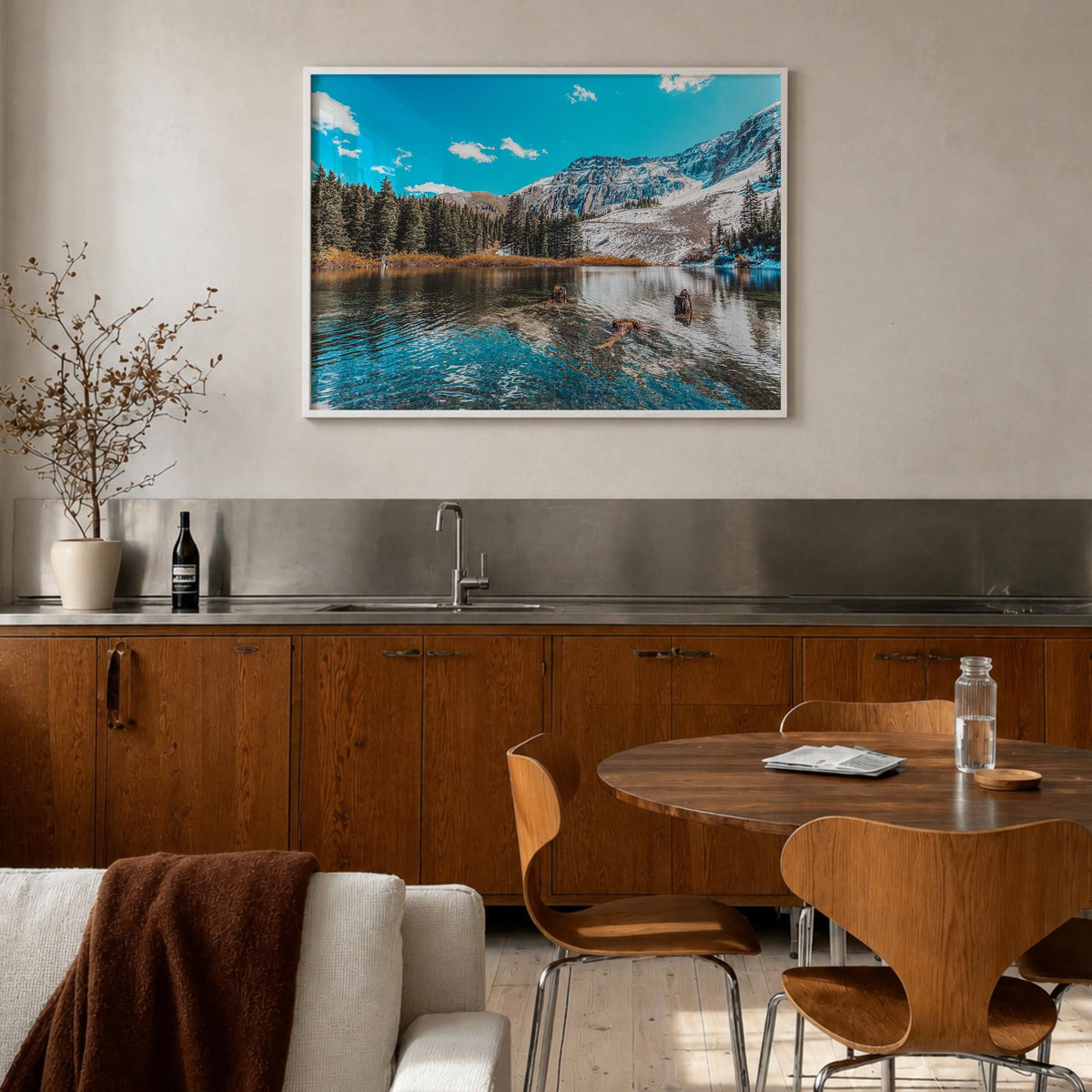 Telluride colorful photo poster of Colorado, USA – horizontal wall art in white wood frame, hanging on wall