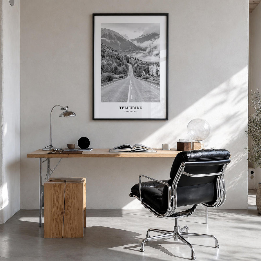 Telluride no. 1 black & white classic poster of Colorado, USA – vertical wall art in black wood frame, hanging on wall