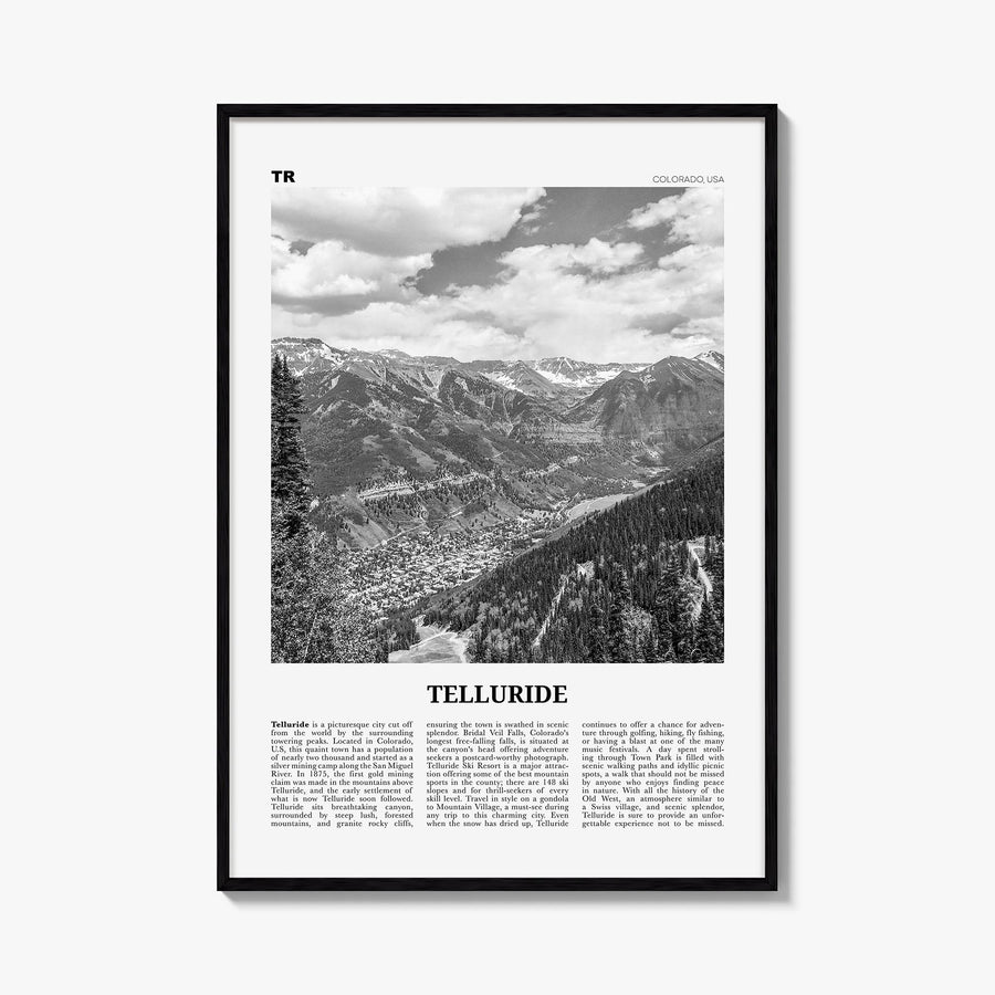 Telluride no. 1 black & white newspaper poster of Colorado, USA – vertical wall art, unframed print shown in interior mockup