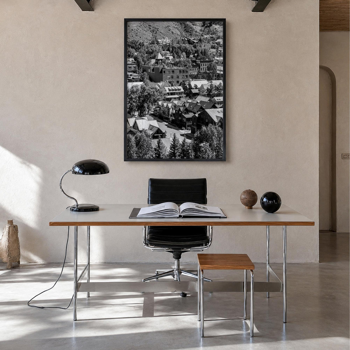 Telluride no. 1 black & white photo poster of Colorado, USA – vertical wall art in black wood frame, hanging on wall