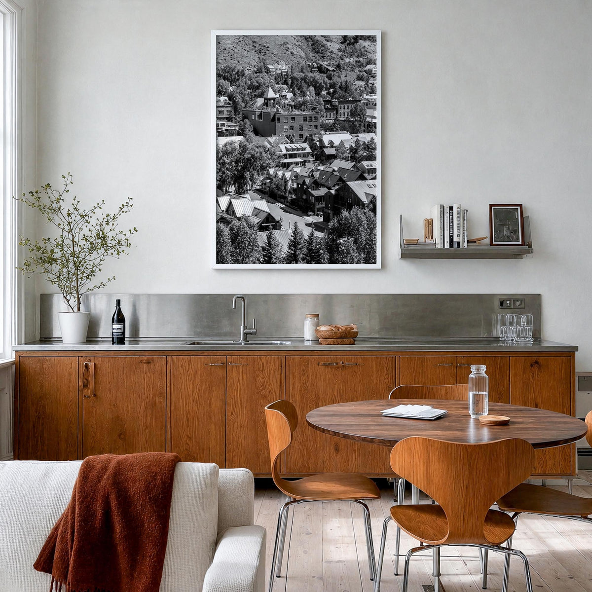 Telluride no. 1 black & white photo poster of Colorado, USA – vertical wall art in white wood frame, hanging on wall