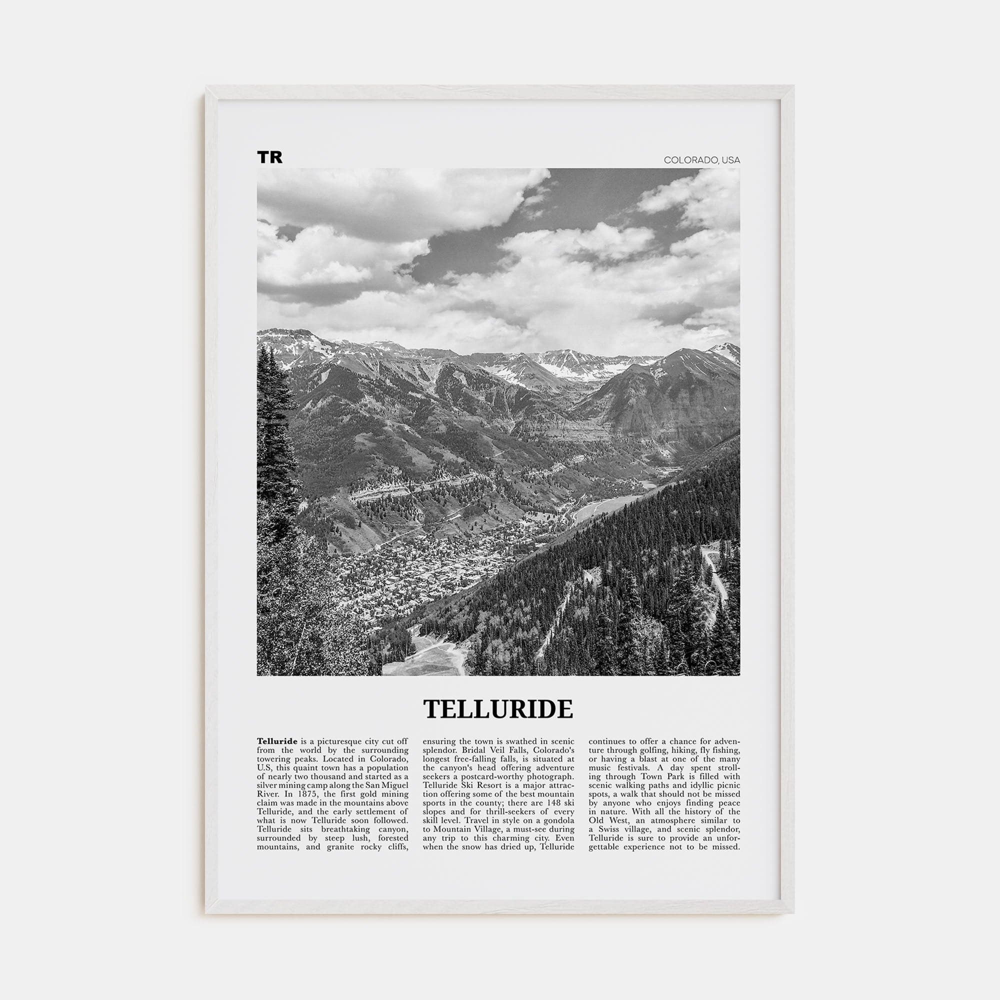 Telluride No 1 Poster White Wood / 8x12 in Nbourhood Travel B&W Poster