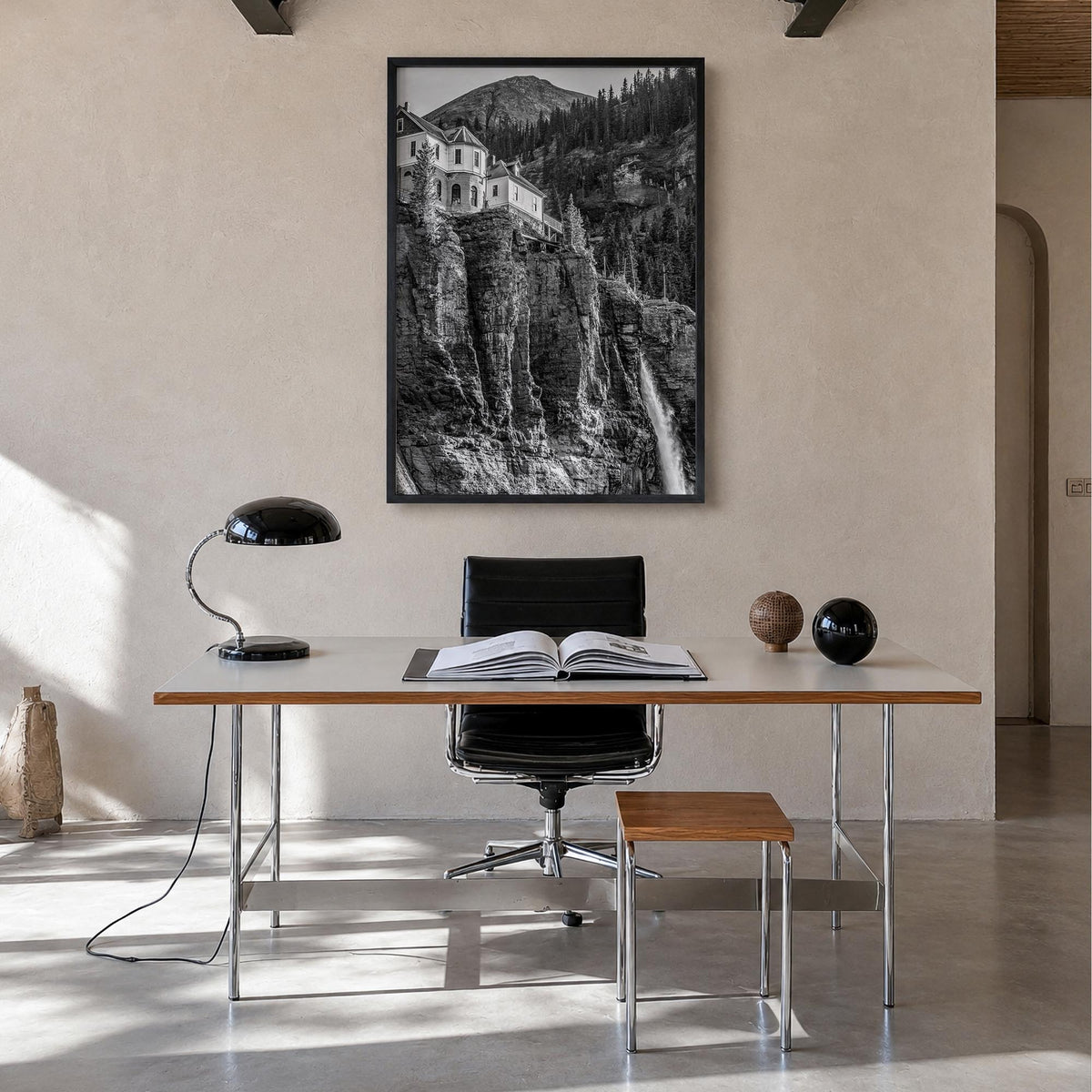 Telluride no. 2 black & white photo poster of Colorado, USA – vertical wall art in black wood frame, hanging on wall