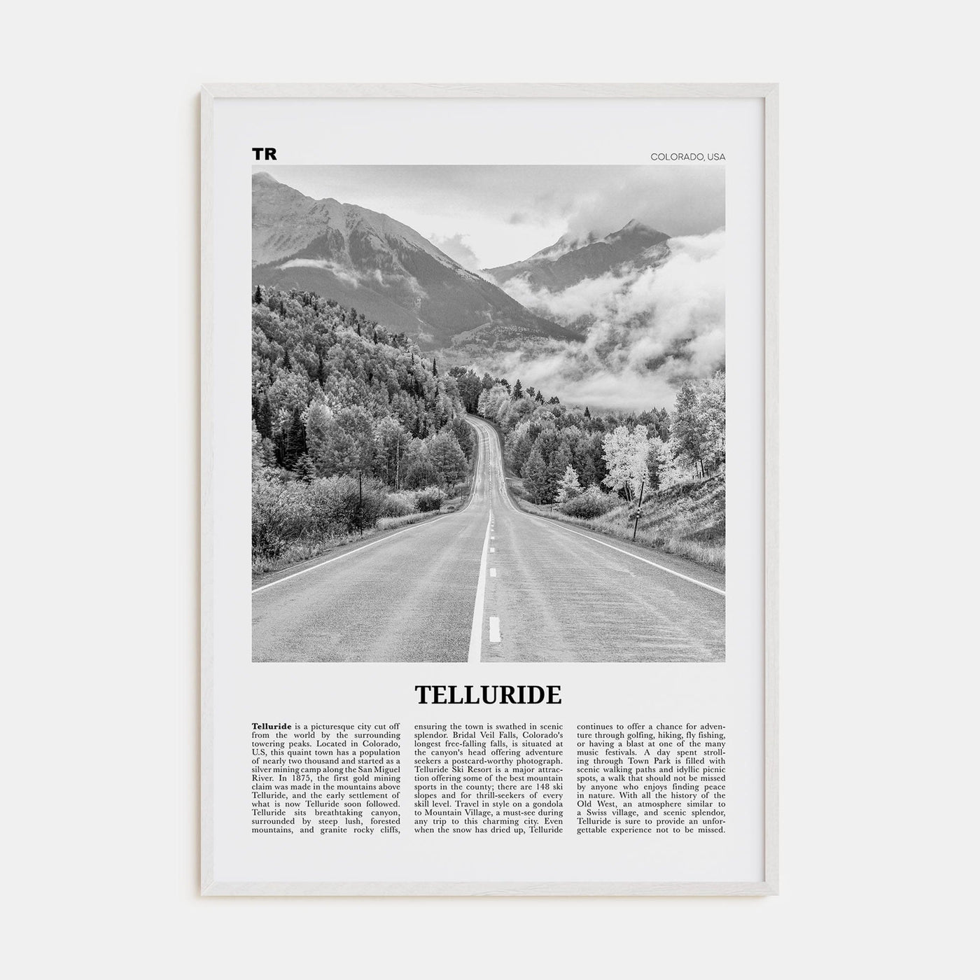 Telluride No 2 Poster White Wood / 8x12 in Nbourhood Travel B&W Poster