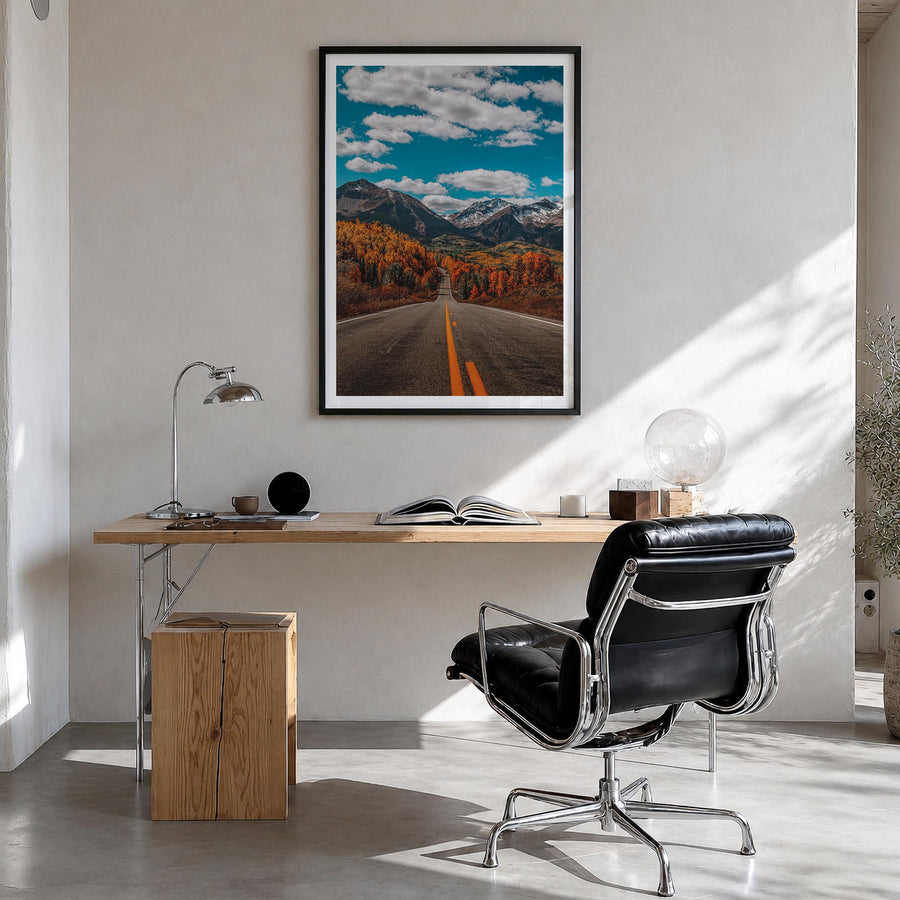 Telluride no. 3 colorful photo poster of Colorado, USA – vertical wall art in black wood frame with white border, hanging on 