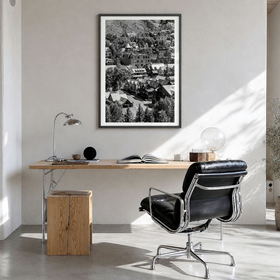 Telluride Photo No 1 Poster in a black wood frame, hanging in a bright home office, white border
