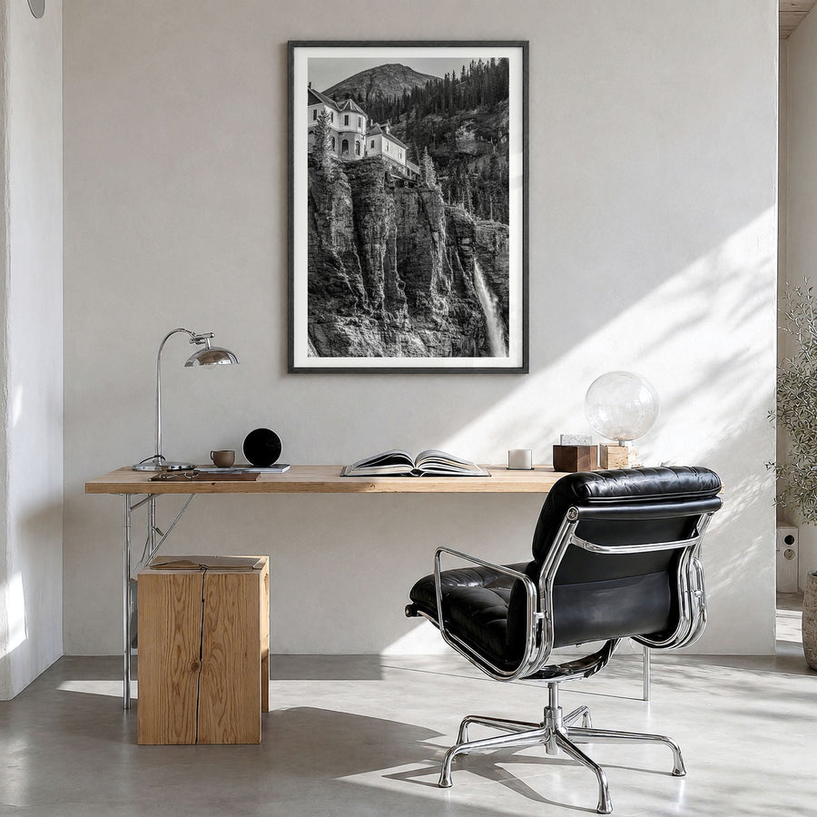 Telluride Photo No 2 Poster in a black wood frame, hanging in a bright home office, white border