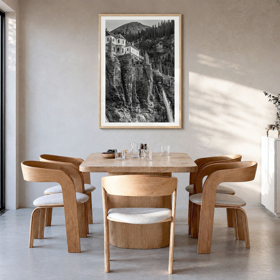 Telluride Photo No 2 Poster in a natural wood frame, hanging in a dining room, white border
