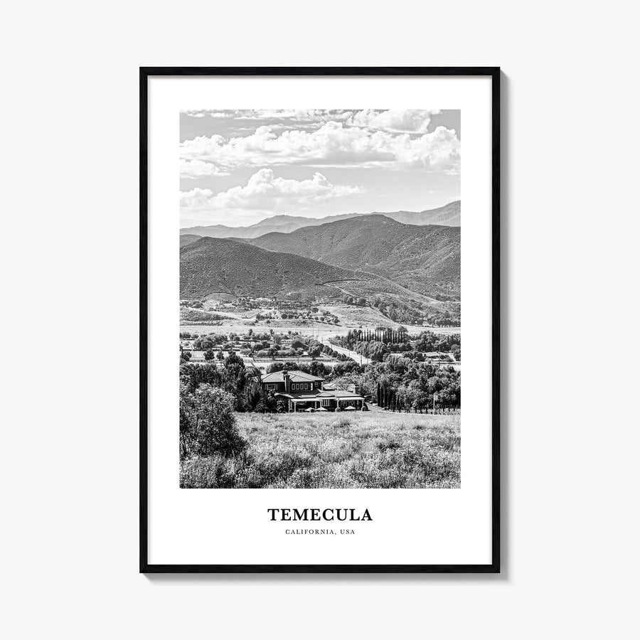 Temecula black & white classic poster of California, USA – vertical wall art, unframed print shown in interior mockup