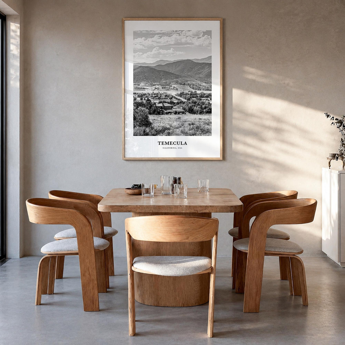 Temecula black & white classic poster of California, USA – vertical wall art in natural wood frame, hanging on wall