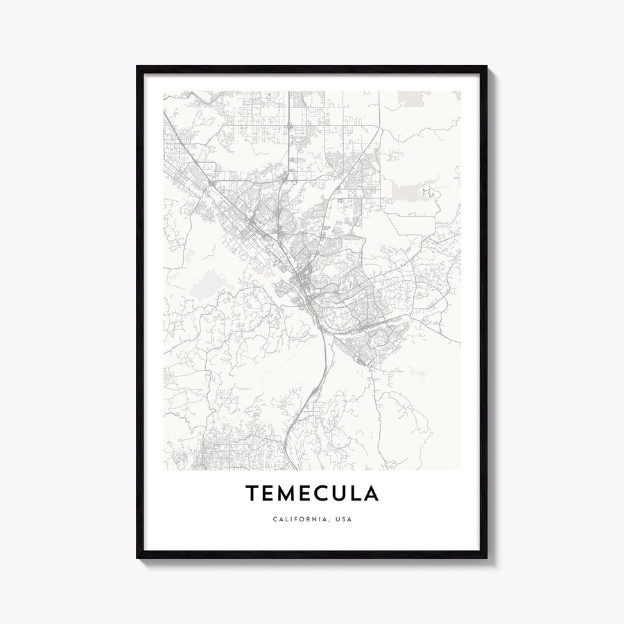 Temecula black & white map poster of California, USA – vertical wall art, unframed print shown in interior mockup
