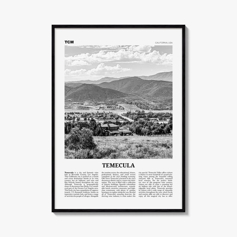 Temecula black & white newspaper poster of California, USA – vertical wall art, unframed print shown in interior mockup