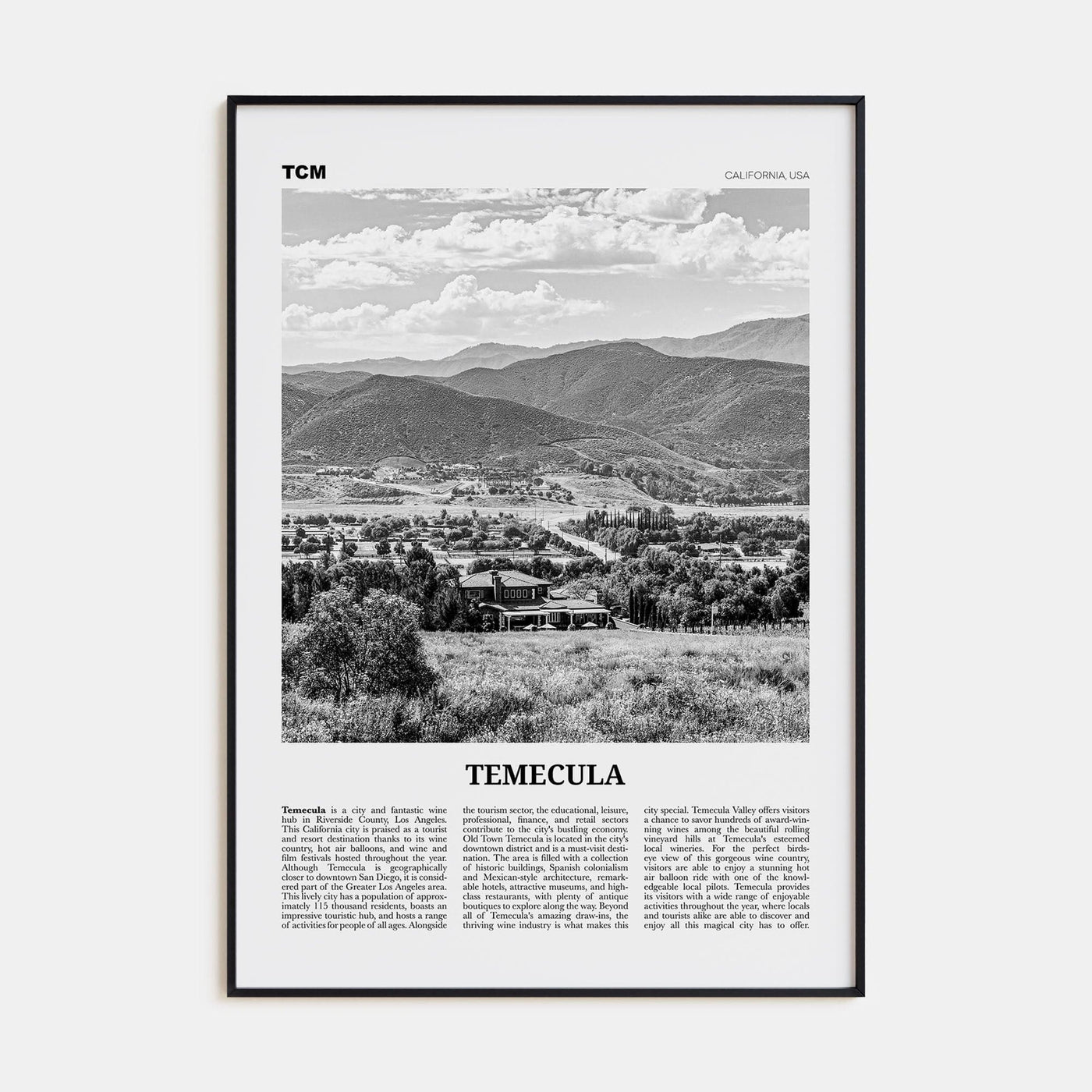 Temecula Poster Black Metal / 8x12 in Nbourhood Travel B&W Poster