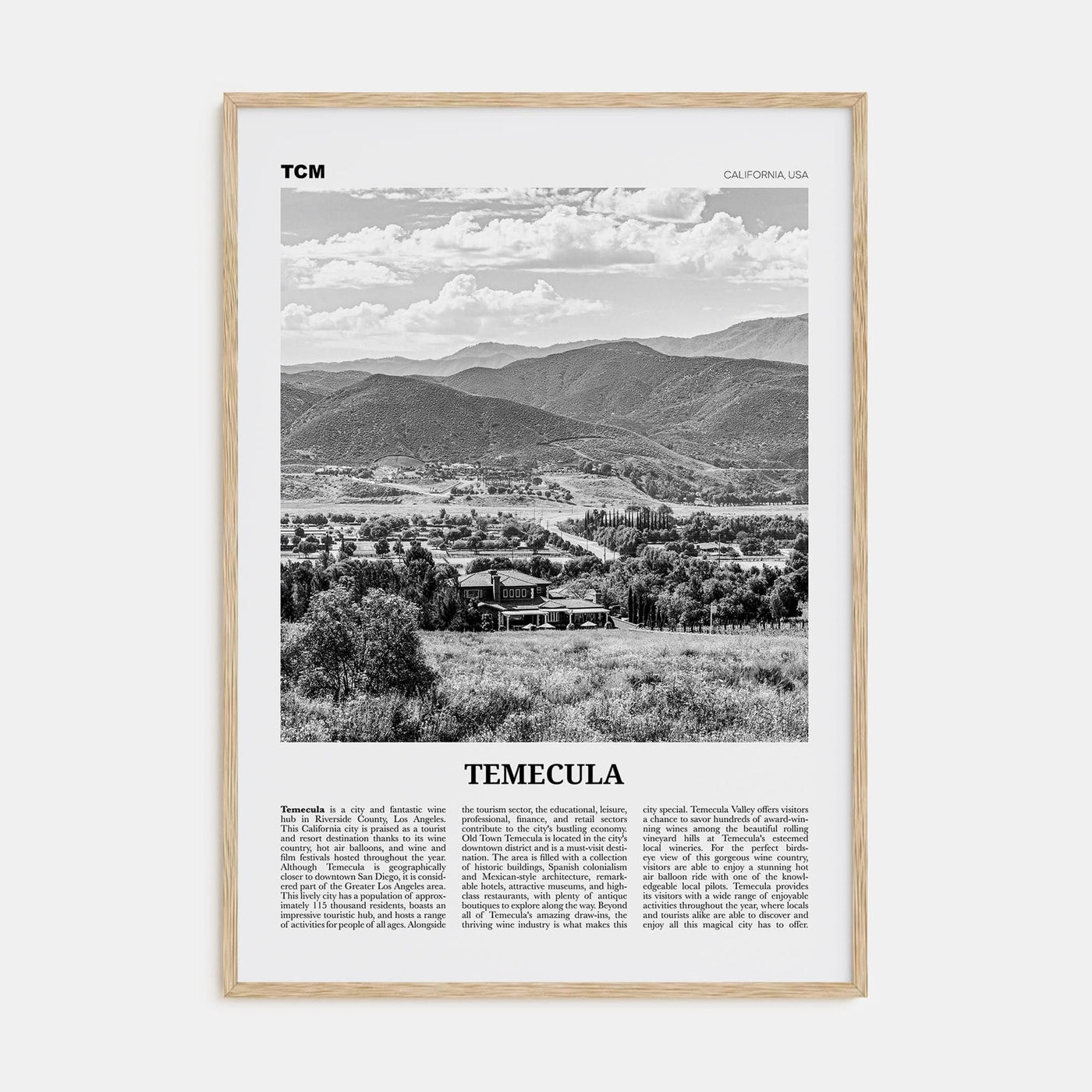 Temecula Poster Natural Wood / 8x12 in Nbourhood Travel B&W Poster