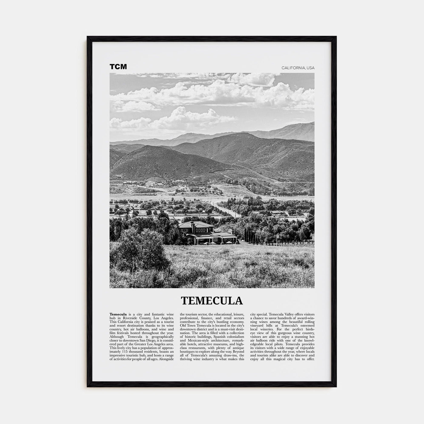 Temecula Poster Black Wood / 8x12 in Nbourhood Travel B&W Poster