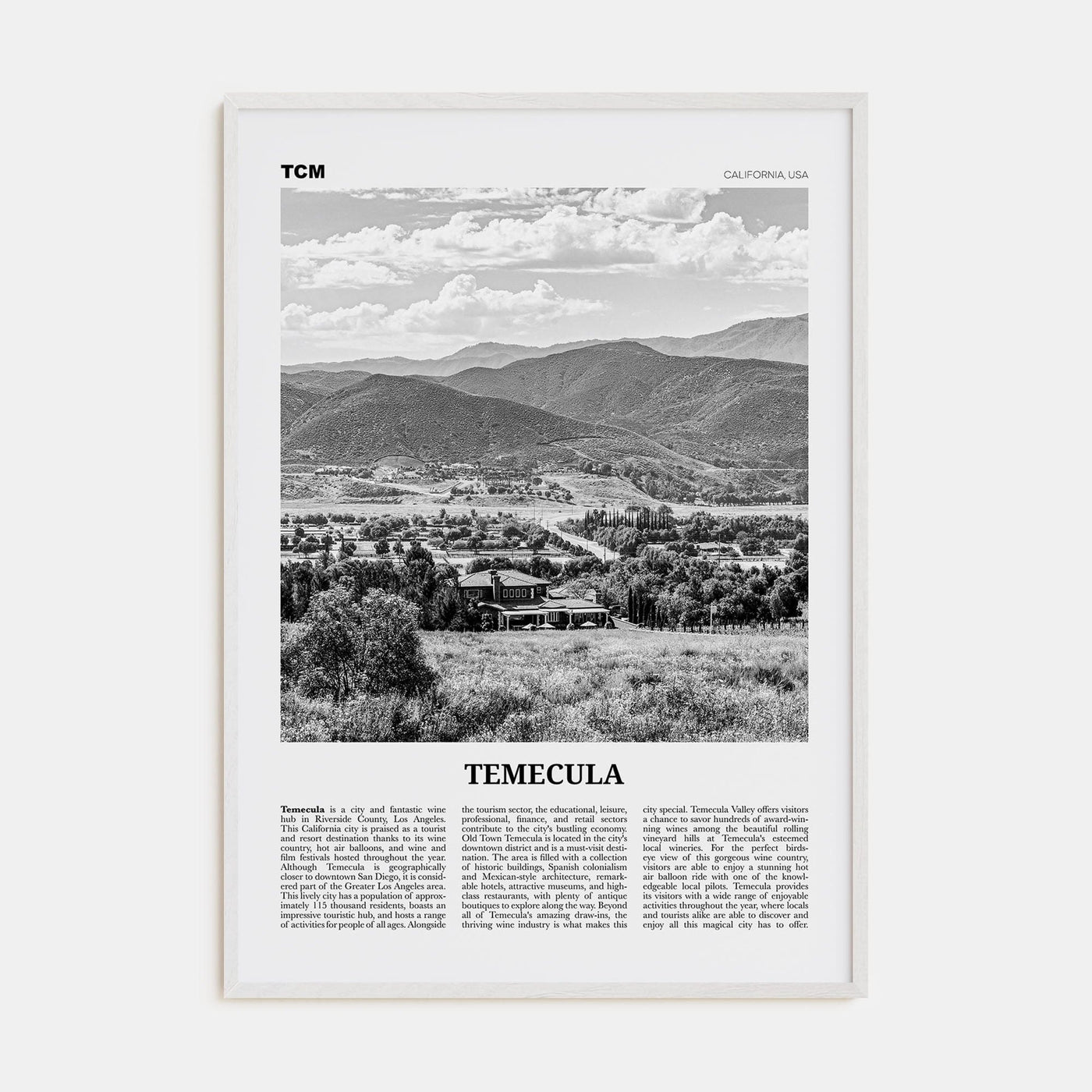 Temecula Poster White Wood / 8x12 in Nbourhood Travel B&W Poster