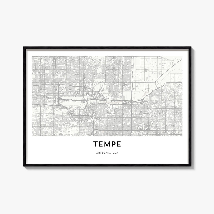 Tempe black & white map poster of Arizona, USA – horizontal wall art, unframed print shown in interior mockup