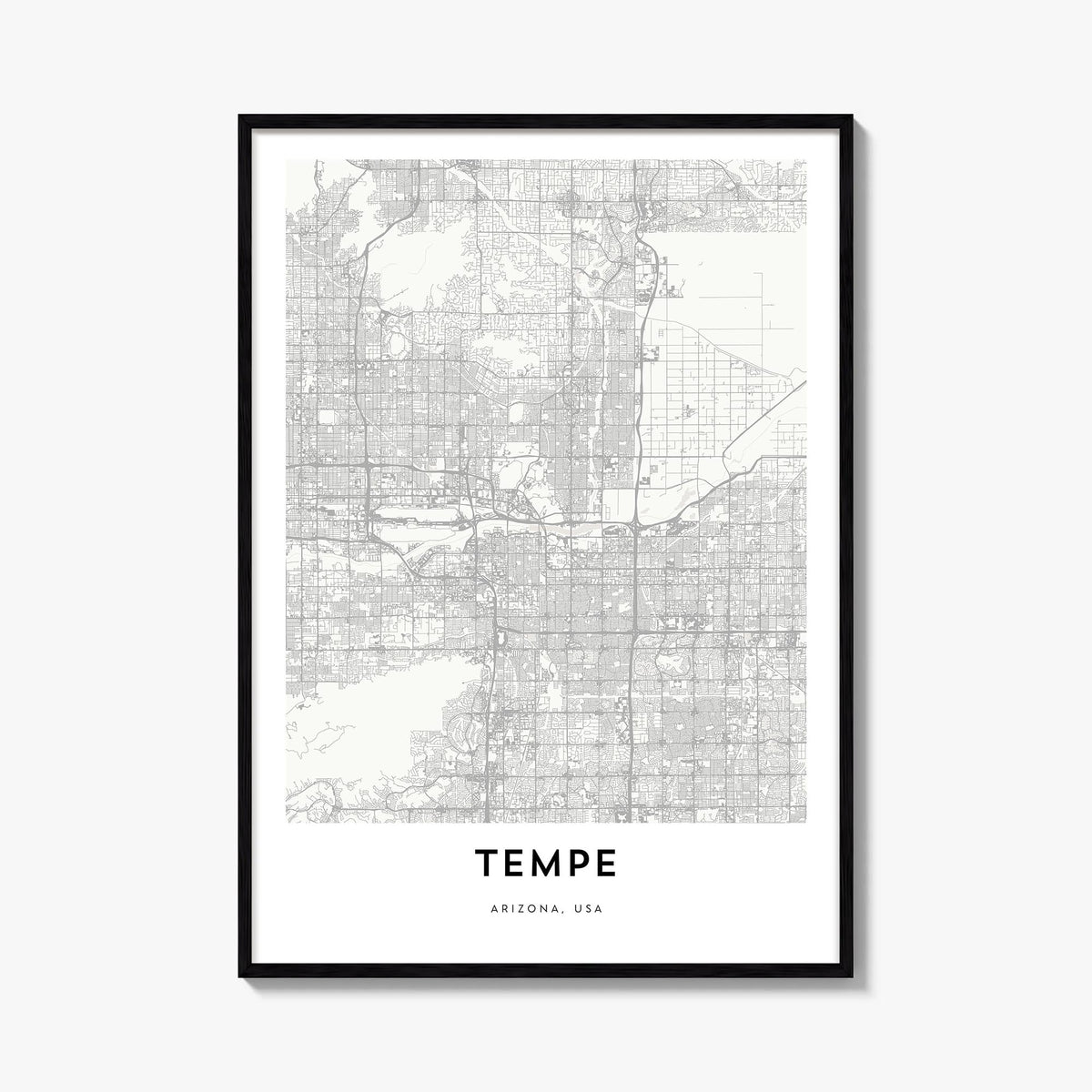 Tempe black & white map poster of Arizona, USA – vertical wall art, unframed print shown in interior mockup