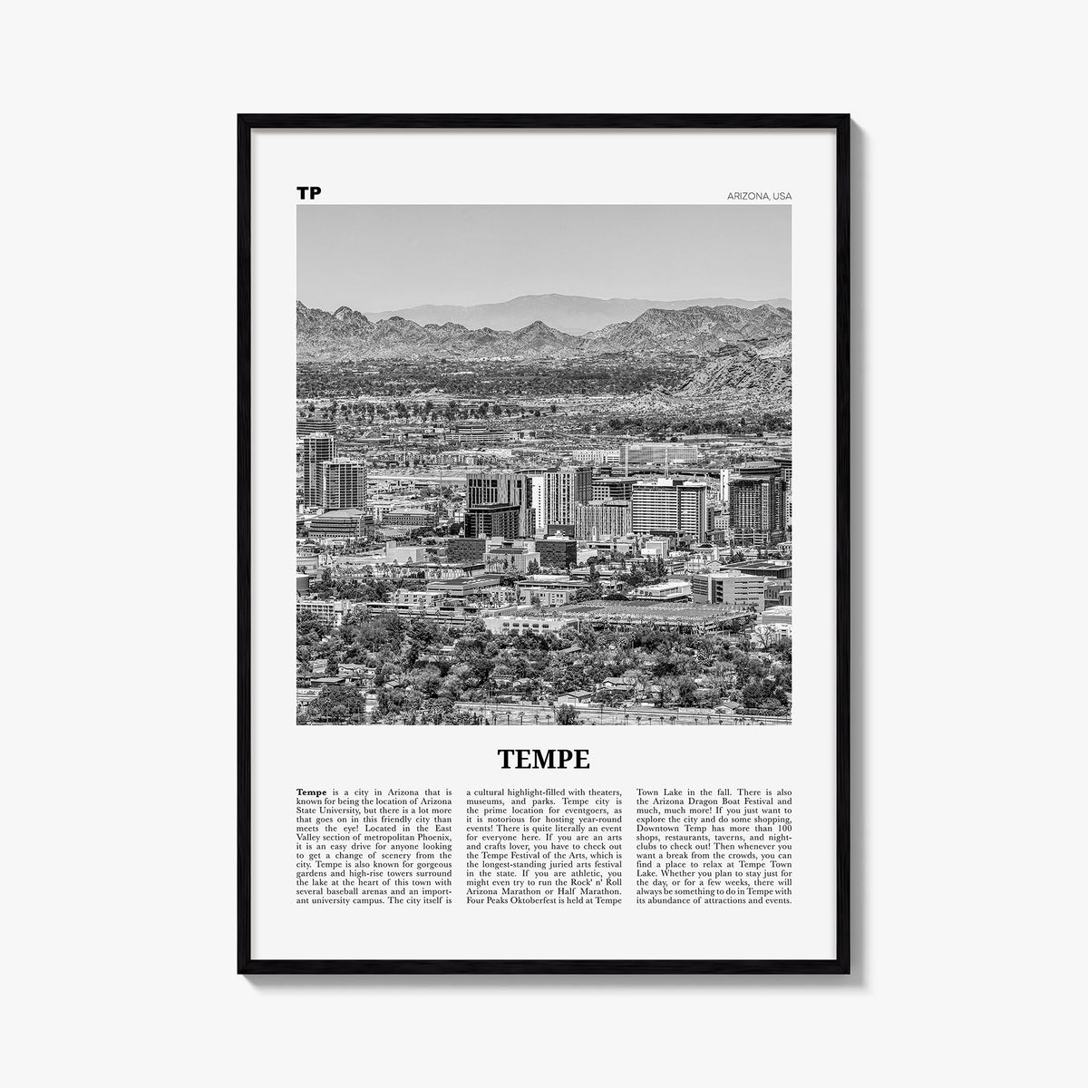 Tempe black & white newspaper poster of Arizona, USA – vertical wall art, unframed print shown in interior mockup