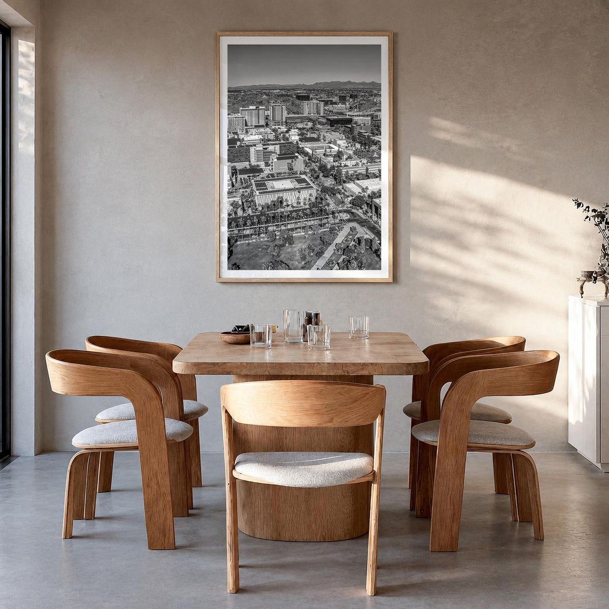 Tempe black & white photo poster of Arizona, USA – vertical wall art in natural wood frame with white border, hanging on wall