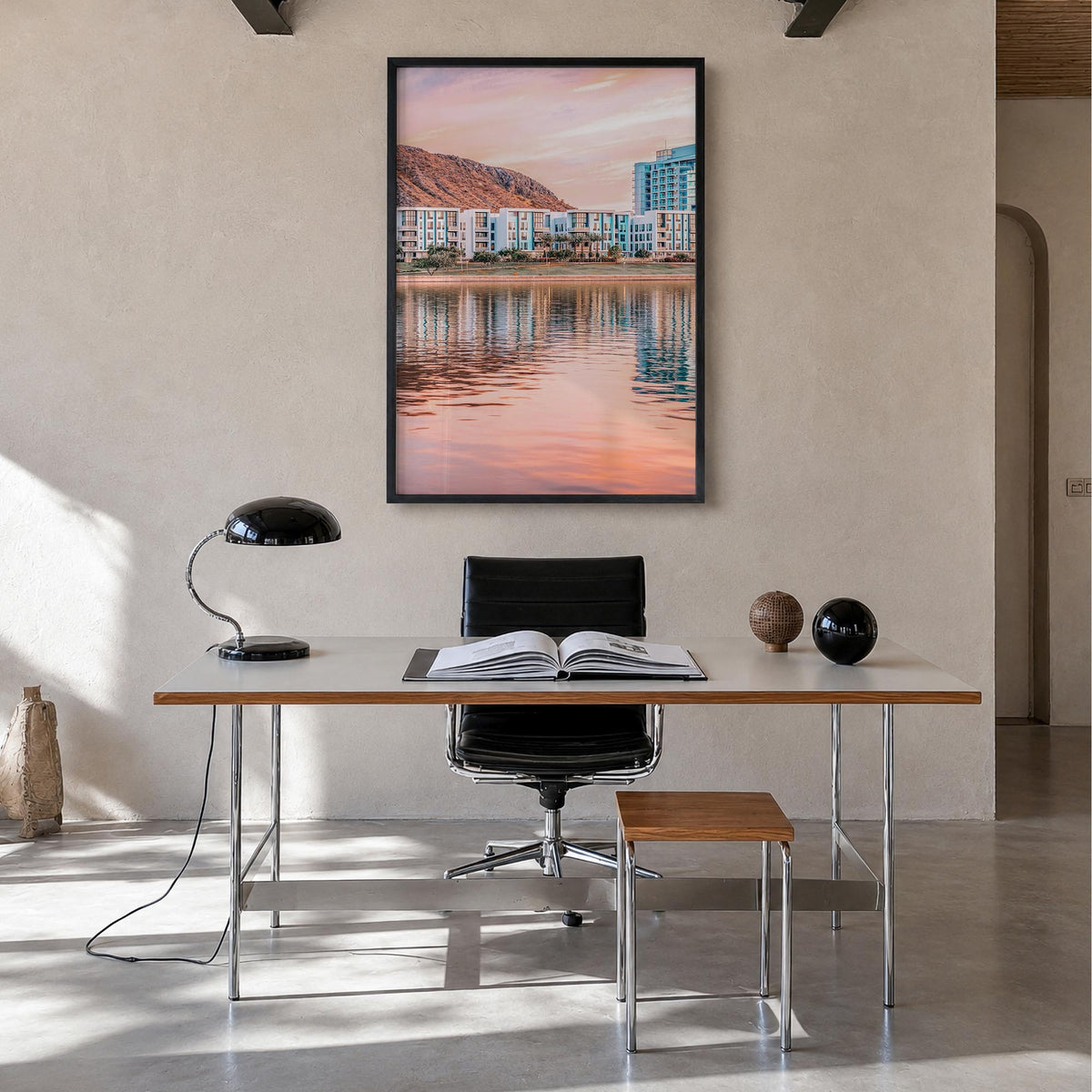 Tempe colorful photo poster of Arizona, USA – vertical wall art in black wood frame, hanging on wall