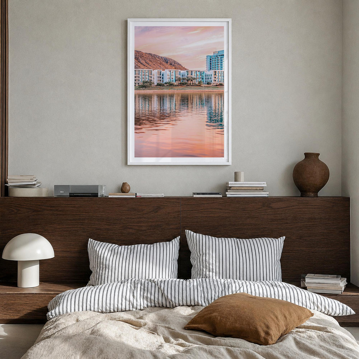 Tempe colorful photo poster of Arizona, USA – vertical wall art in white wood frame with white border, hanging on wall