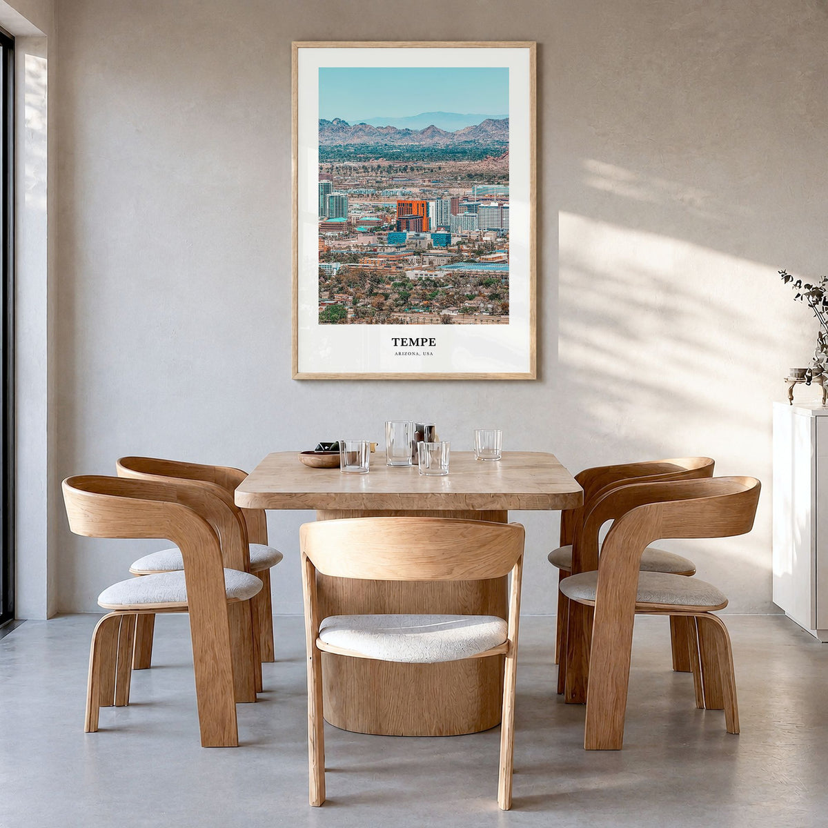 Tempe Classic Poster in a natural wood frame, hanging in a dining room