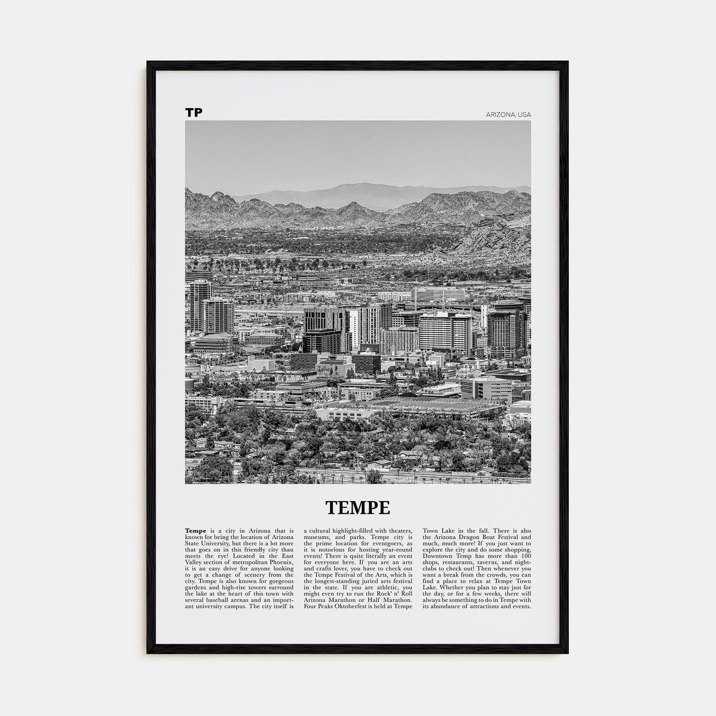 Tempe Poster Black Wood / 8x12 in Nbourhood Travel B&W Poster