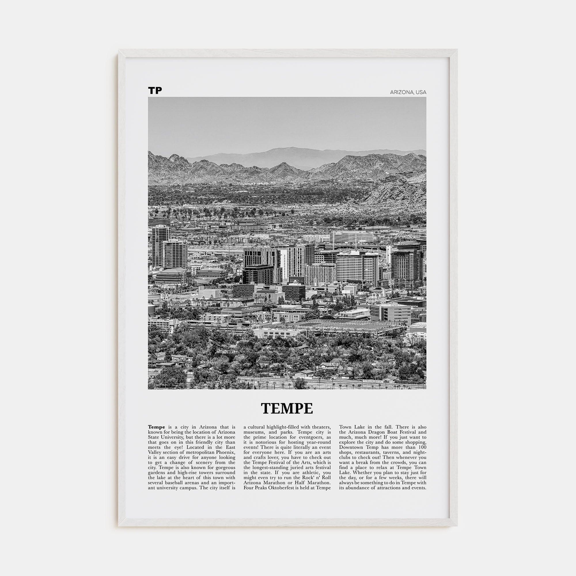 Tempe Poster White Wood / 8x12 in Nbourhood Travel B&W Poster