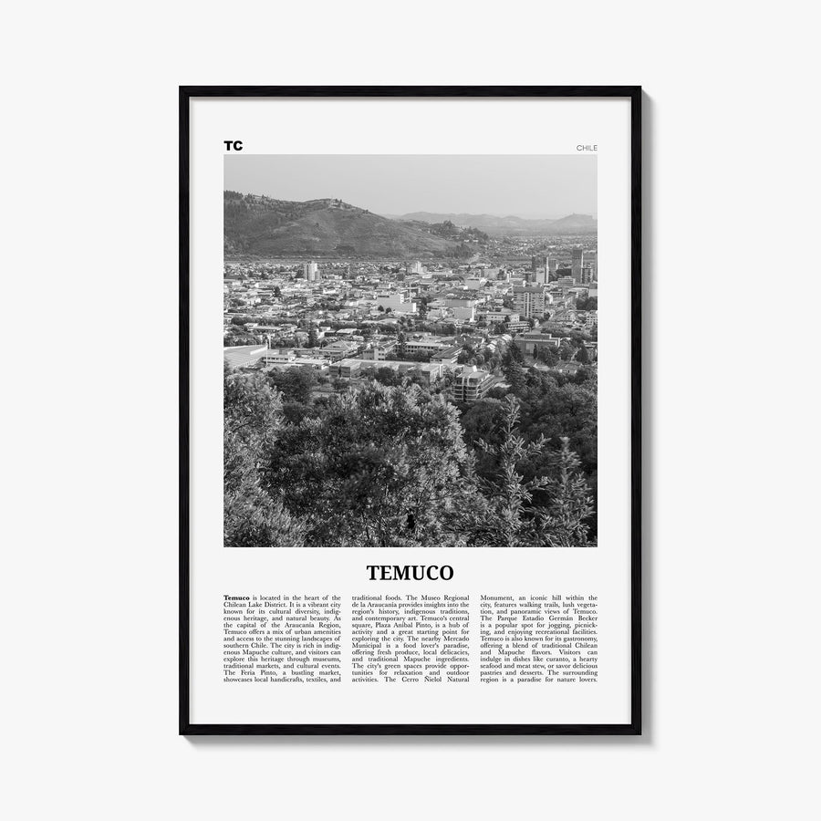 Temuco black & white newspaper poster of Chile – vertical wall art, unframed print shown in interior mockup