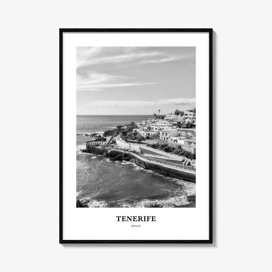 Tenerife black & white classic poster of Spain – vertical wall art, unframed print shown in interior mockup