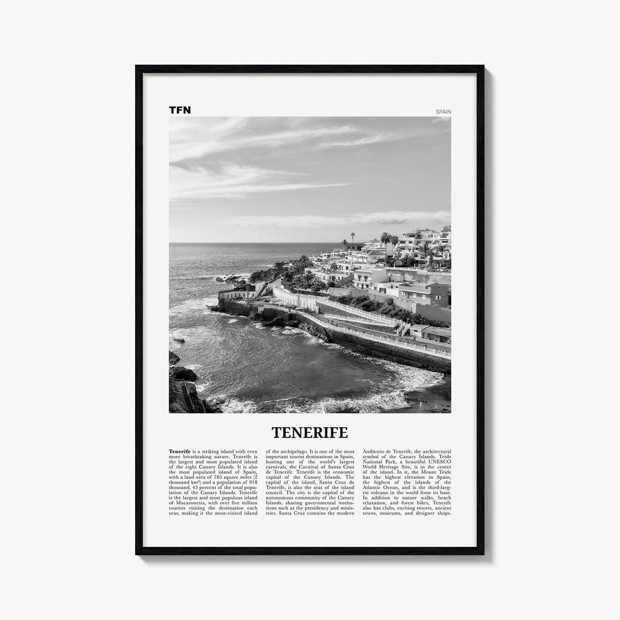 Tenerife black & white newspaper poster of Spain – vertical wall art, unframed print shown in interior mockup