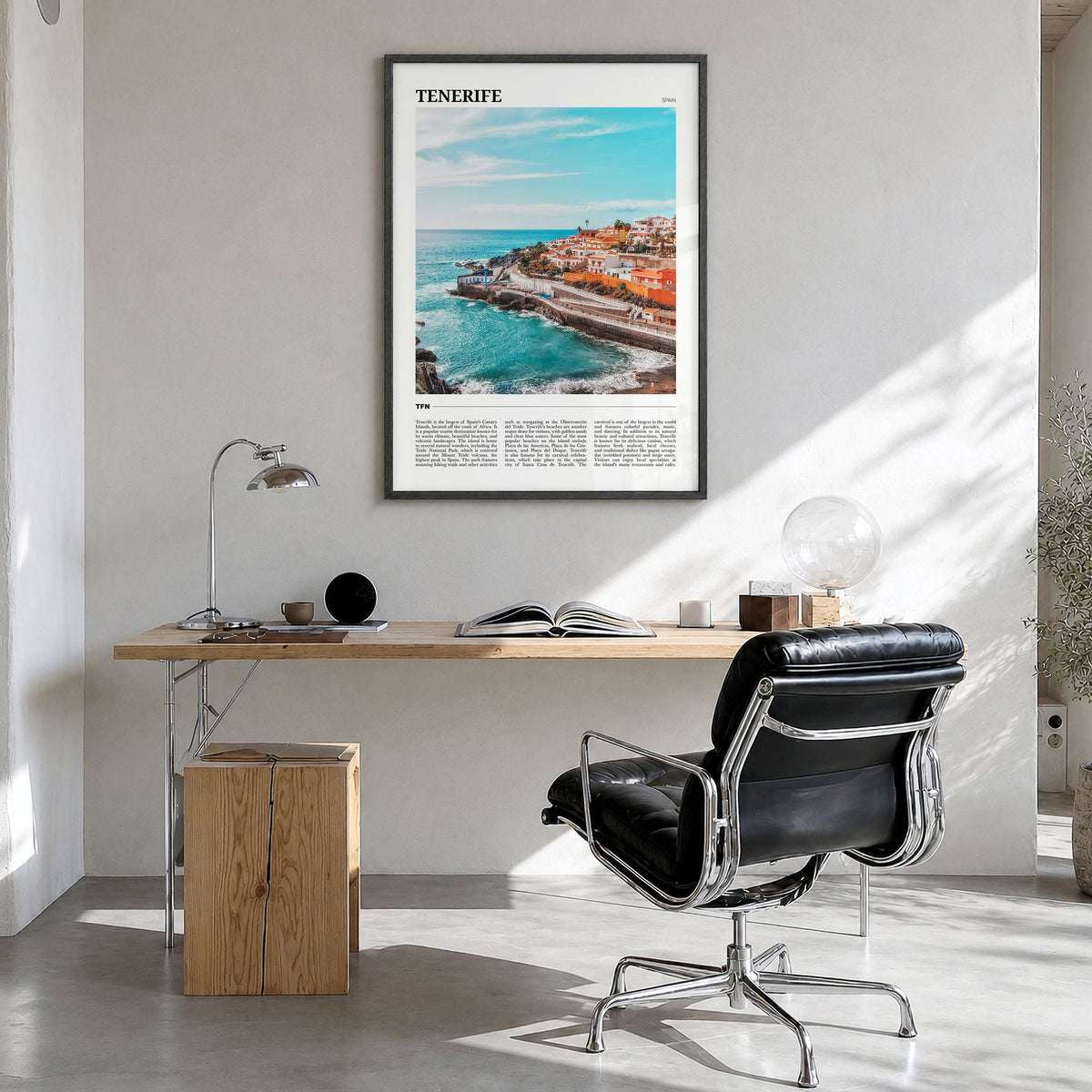 Tenerife Travel Poster in a black wood frame, hanging in a bright home office