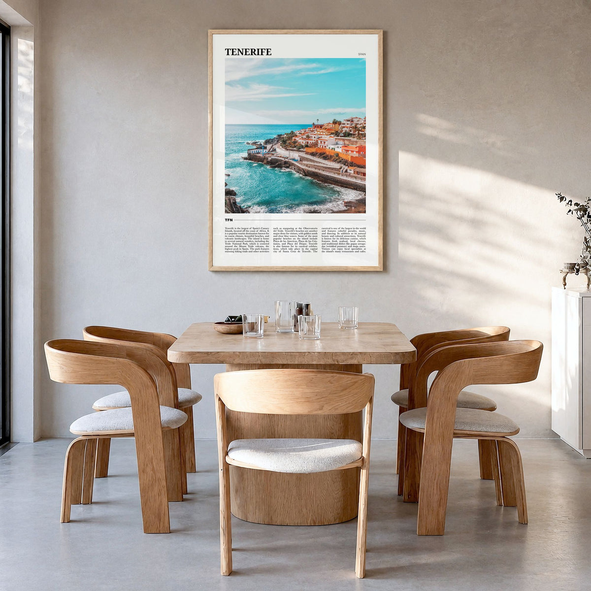 Tenerife Travel Poster in a natural wood frame, hanging in a dining room