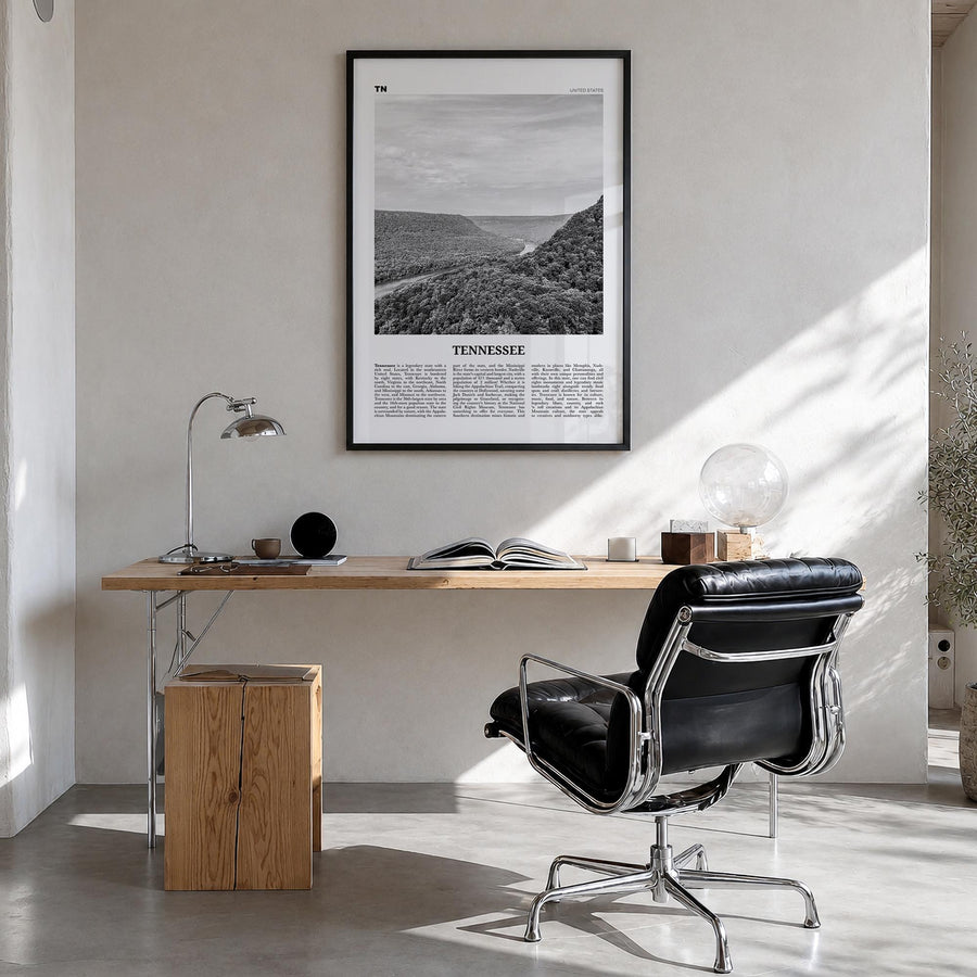 Tennessee no. 1 black & white newspaper poster of United States – vertical wall art in black wood frame, hanging on wall
