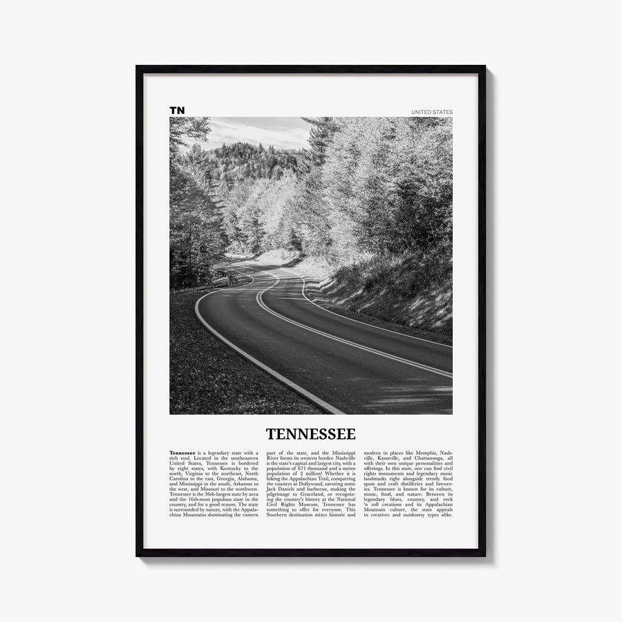 Tennessee no. 2 black & white newspaper poster of United States – vertical wall art, unframed print shown in interior mockup