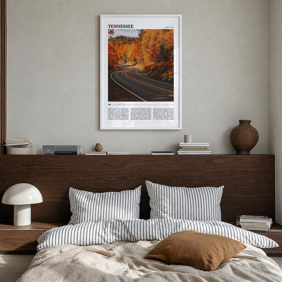 Tennessee no. 2 colorful travel poster of United States – vertical wall art in white wood frame, hanging on wall