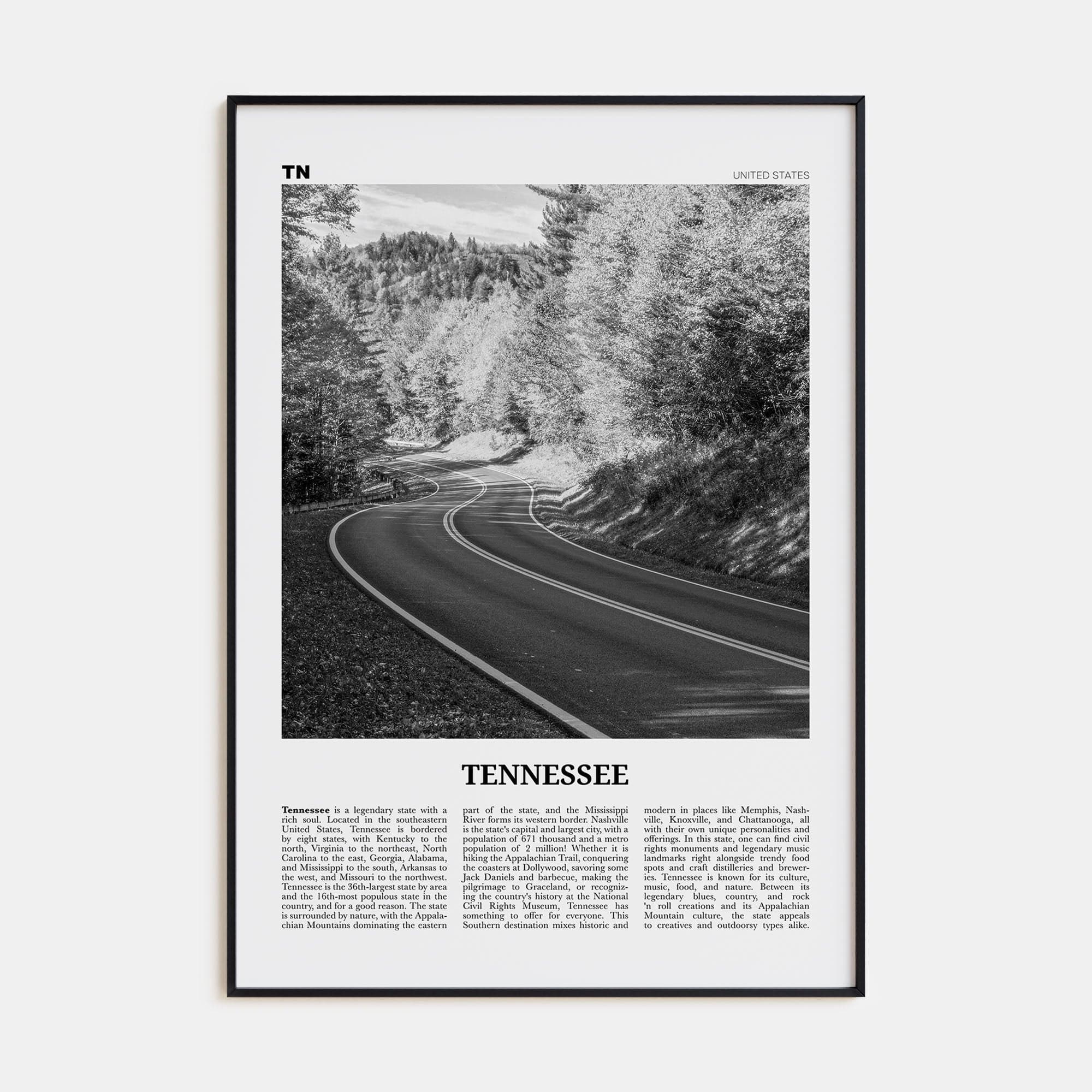 Tennessee No 2 Poster Black Metal / 8x12 in Nbourhood Travel B&W Poster