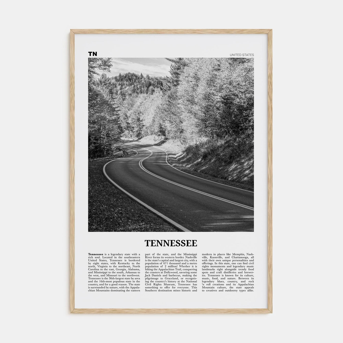 Tennessee No 2 Poster Natural Wood / 8x12 in Nbourhood Travel B&W Poster