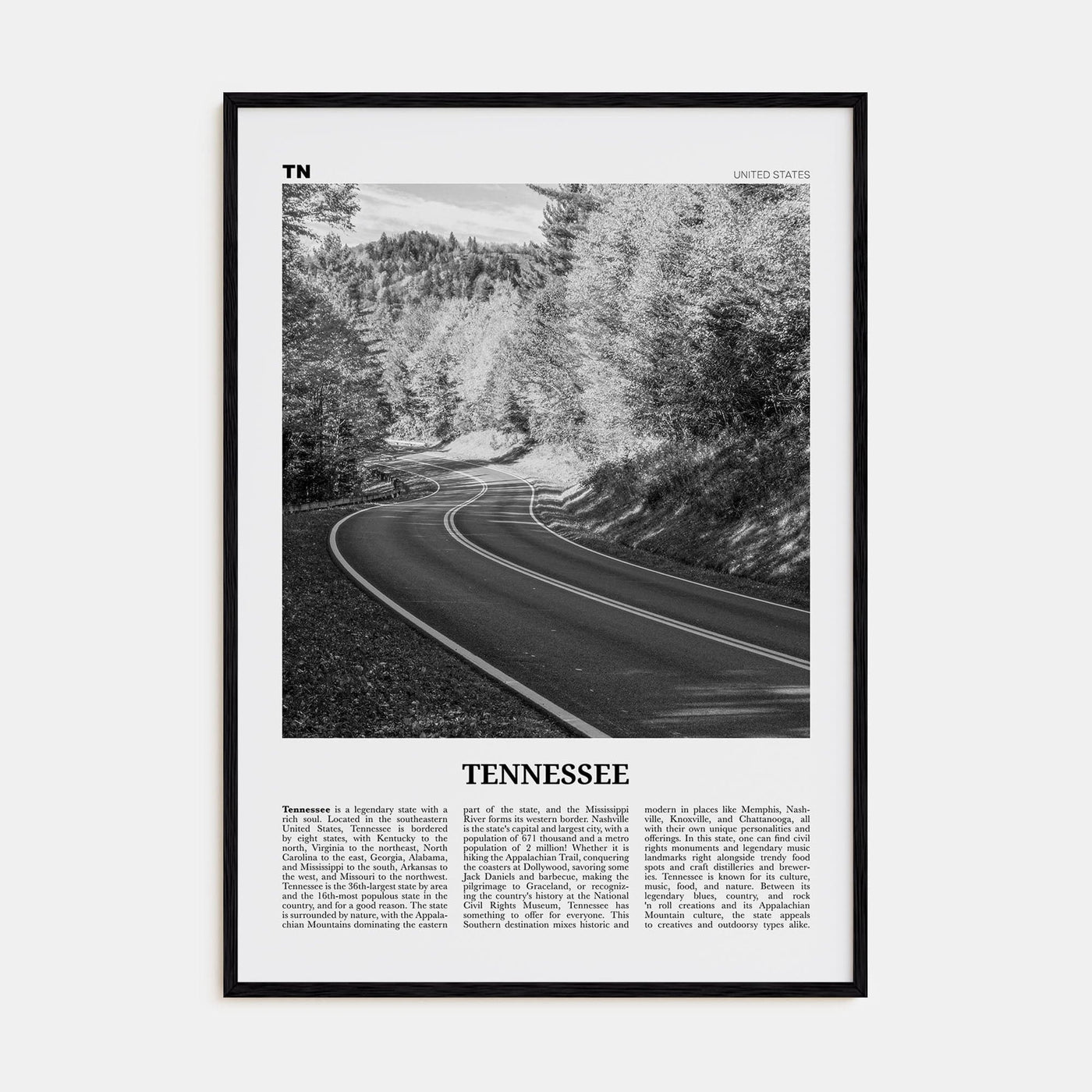 Tennessee No 2 Poster Black Wood / 8x12 in Nbourhood Travel B&W Poster