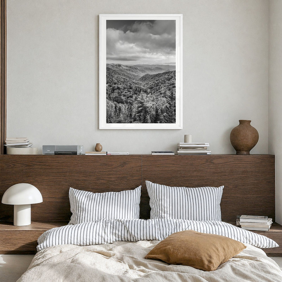 Tennessee Photo No 1 Poster in a white wood frame, hanging in a bedroom, white border