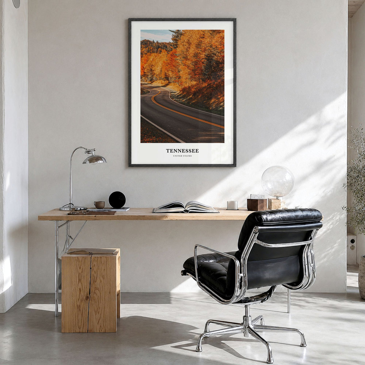 Tennessee Classic No 2 Poster in a black wood frame, hanging in a bright home office