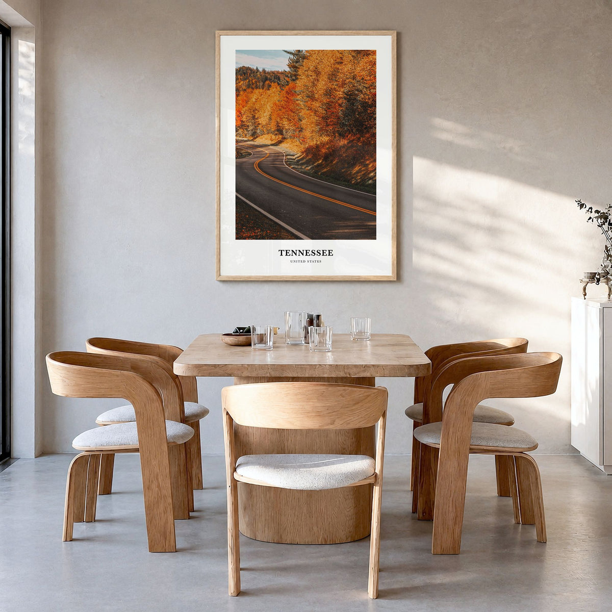 Tennessee Classic No 2 Poster in a natural wood frame, hanging in a dining room