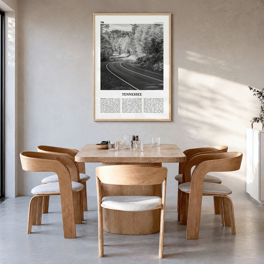 Tennessee Newspaper No 2 Poster in a natural wood frame, hanging in a dining room